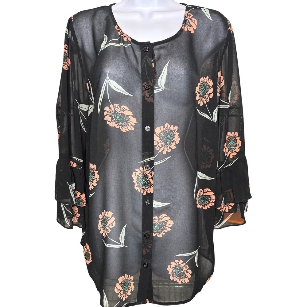 CAbi Womens Black Peach Floral Button Front Sheer Blouse Sz M Boho‎ Flowy Airy